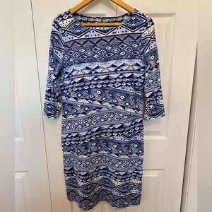 J. McLaughlin Blue and White Patterned Long Sleeve Dress